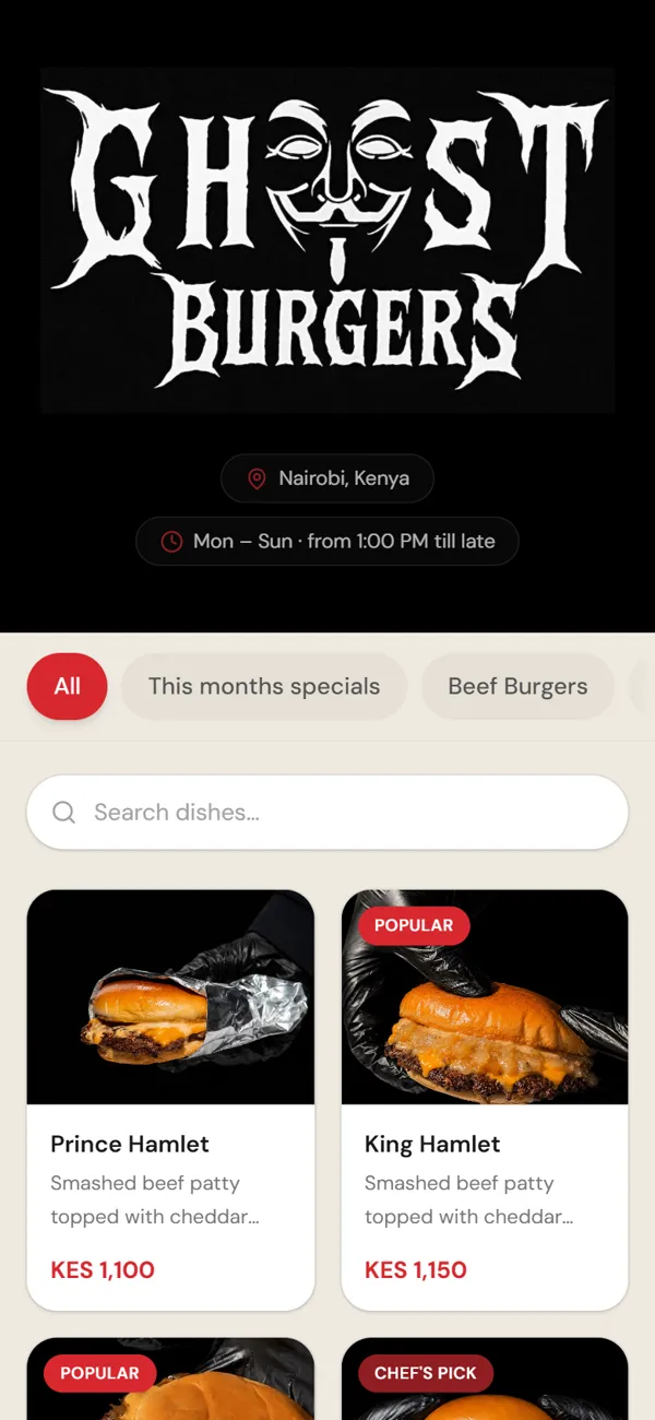 Ghost Burgers website on a phone