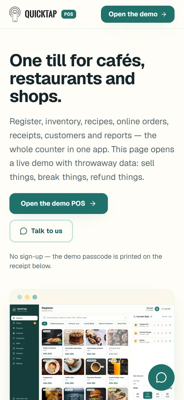 QuickTap POS running on a phone